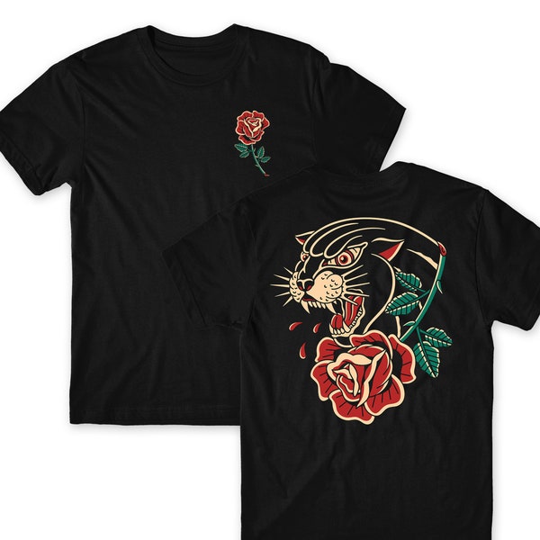 T-shirt tatouage rose panthère, tatouage rose, t-shirt graphique, chemise de tatouage, vêtements de tatouage, chemise streetwear, chemise inspirée des tatouages