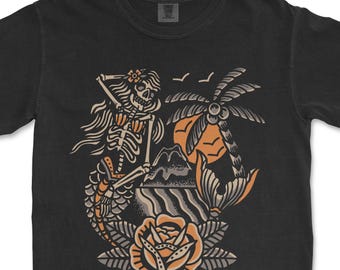 American Traditional Mermaid Skeleton Tattoo Shirt, Old School Flash Tee