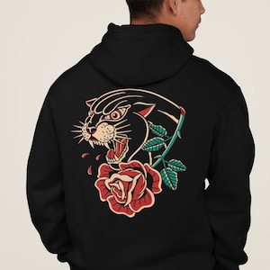 Panther Rose Hoodie, Tattoo Hoodie, Tattoo Shirt, Tattoo Streetwear, Tattoo Design, Traditional Tattoo Hoodie, Old School Tattoo Hoodie