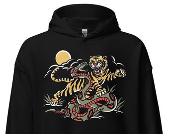 Sudadera con capucha con tatuaje de tigre contra serpiente, estilo urbano de arte japonés, ropa con tatuajes de la vieja escuela.