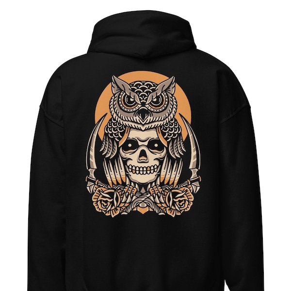 Owl Skull, Traditional Tattoo Hoodie, Owl Hoodie, Skull Hoodie, Tattoo Gift, Tattoo Design, Old School Tattoo, Tattoo Clothing, Tattoo Lover