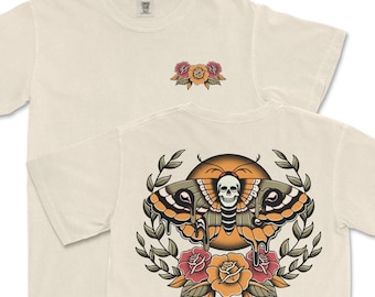 T-shirt con tatuaggio della falena della morte, stile tradizionale americano, colori comodi