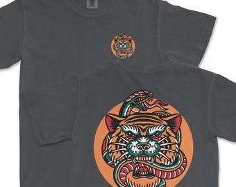 Camiseta de tatuaje tradicional con diseño de serpiente tigre, colores cómodos, camiseta flash de la vieja escuela