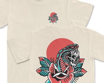 T-shirt con tatuaggio di serpente, maglietta grafica in stile tatuaggio tradizionale americano, colori comodi