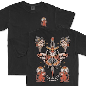 Koszulka z tatuażem Moth, Koszulka z aniołem i diabłem, Koszulka gotycka, Ubrania inspirowane tatuażami, Tatuaż sztyletem, Koszulka z grafiką tatuażu, Koszulka z nadrukiem tatuażu