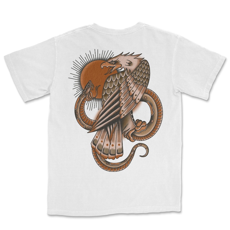 Tattoo flash t-shirt with eagle fighting snake graphic