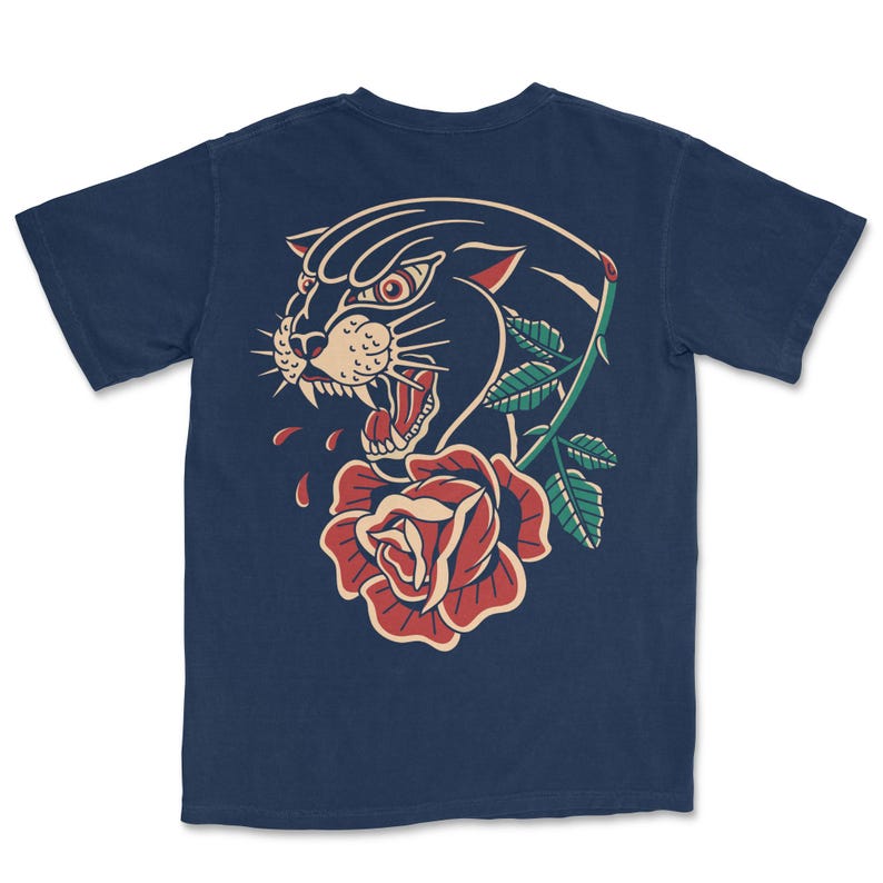 Traditional flash-style graphic tee with panther and rose design, vintage tattoo streetwear shirt with old school tattoo flash art, panther rose t-shirt