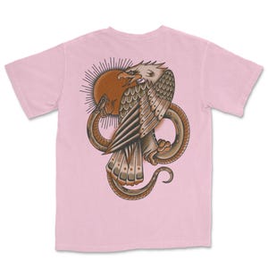 Vintage style pink tattoo shirt with eagle and snake battle design