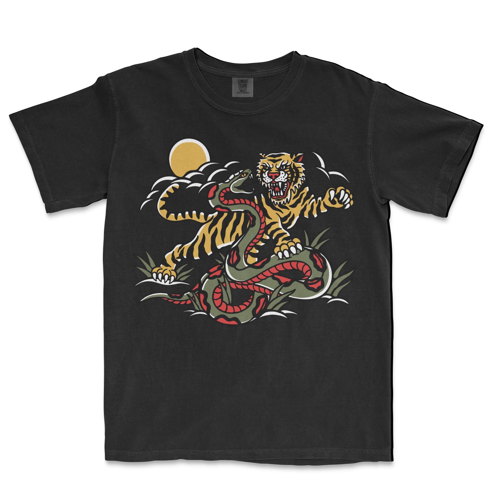 虎対蛇、伝統的なタトゥーシャツ、タトゥーグラフィックTシャツ