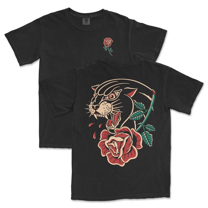 Traditional flash-style graphic tee with panther and rose design, vintage tattoo streetwear shirt with old school tattoo flash art, panther rose t-shirt