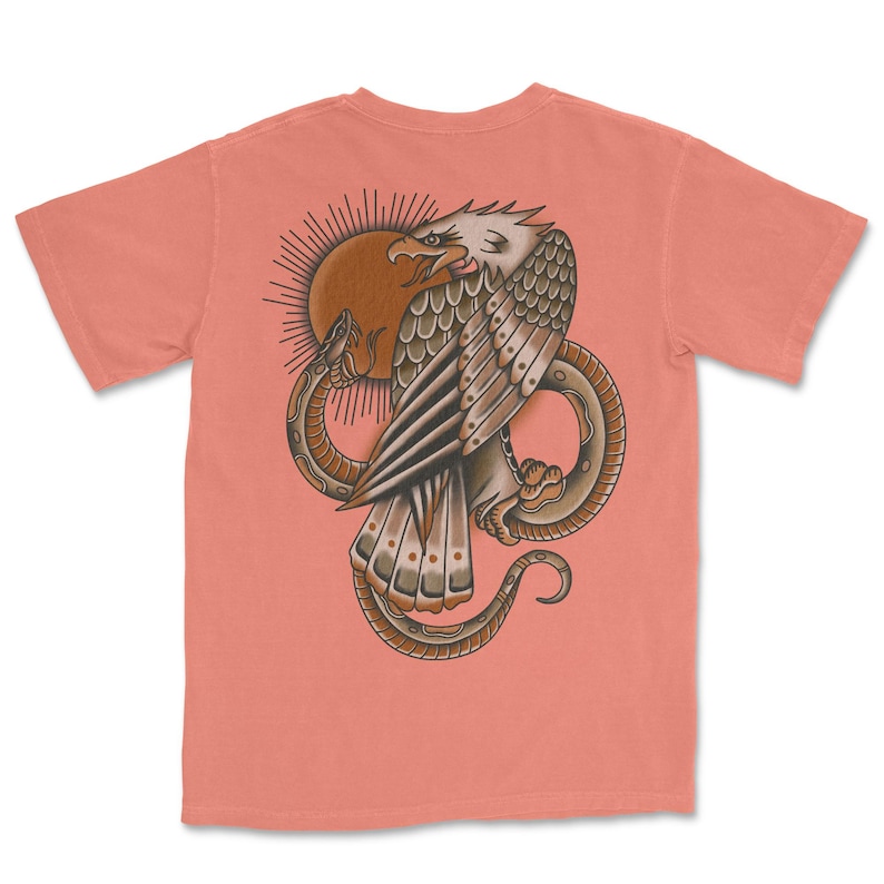 Edgy streetwear tattoo shirt with classic eagle snake artwork
