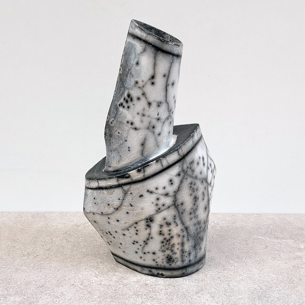 Naked Raku ceramic vase, Large vessel, Black, White, Grey colors, Changing shape, Handmade work