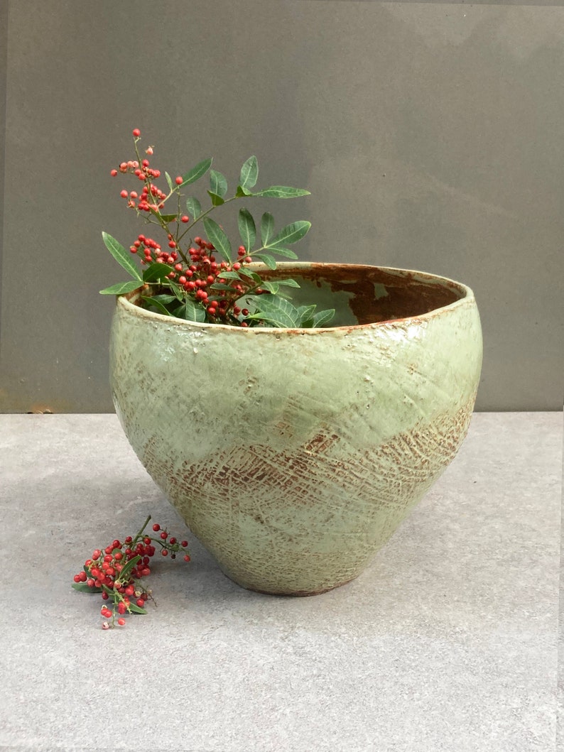 Large Ceramic stone ware vase, Light blue, Brown color, Rugged texture, Ceramic Handmade, Home gift, decoration vessel image 6