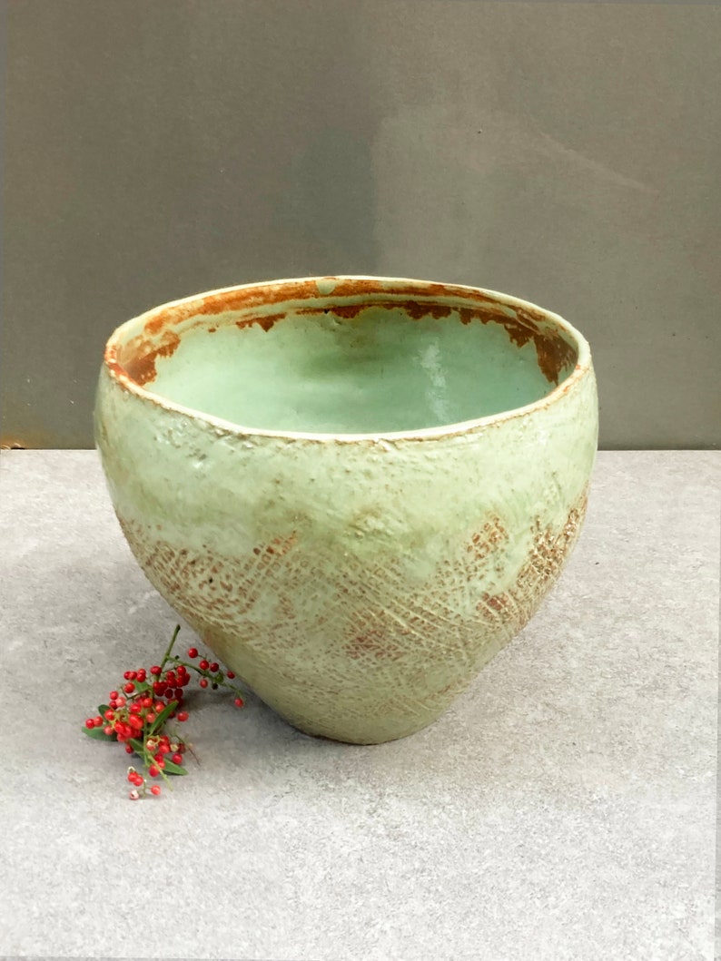 Large Ceramic stone ware vase, Light blue, Brown color, Rugged texture, Ceramic Handmade, Home gift, decoration vessel image 3