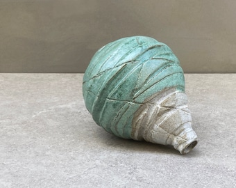 Ceramic flower Vase, Engraving and Digging in Clay, Coil built, Azure, turquoise and white colors