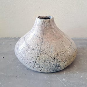 May include: A white ceramic vase with a crackled glaze and a round, wide base. The vase has a smooth, slightly textured surface.