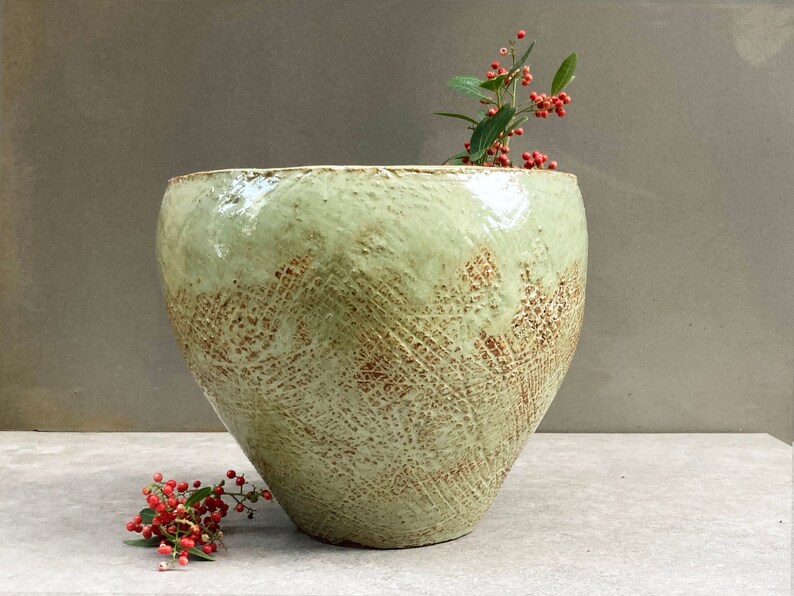 Large Ceramic stone ware vase, Light blue, Brown color, Rugged texture, Ceramic Handmade, Home gift, decoration vessel image 2