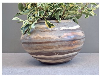 Rough elliptical ceramic vase, Hand built layers combination, White, Brown, and Gray clay colors, Home decor, Antique style, Personal gift