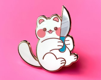 Knife Kitty Hard Enamel Pin | Kawaii Cute White Cat Lapel Pin