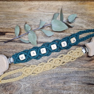 Macramé pacifier chain with name - different colors and clips - customizable