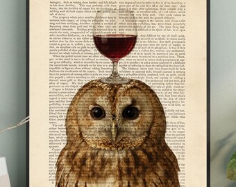 Owl Wall Art Print, Owl with Wine Glass Dictionary Page Artwork, Animal Home Decor, Wise Owl Antique Book Page Poster