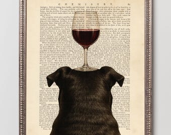 Black Dog with Red Wine Glass Dictionary Art Print, Funny Dog Wall Art, Wine Lover Gift, Home Bar Decor, Animal Print