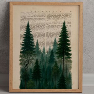 Puede incluir: Una impresión enmarcada que presenta una escena de bosque con altos árboles de hoja perenne verdes. La obra de arte está ambientada sobre un fondo de páginas de libros antiguos, con la palabra "CHEMISTRY" visible en la parte superior. El marco es de madera clara.