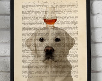 White Lab Bourbon Art Print, Vintage Dictionary Page, Dog Bar Decor