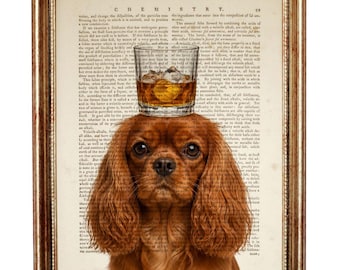 Lámina de Cavalier King Charles Spaniel rubí con vaso de whisky, arte de diccionario canino, arte mural canino vintage, regalo divertido para amantes de los perros, regalo para amantes de los Cavalier