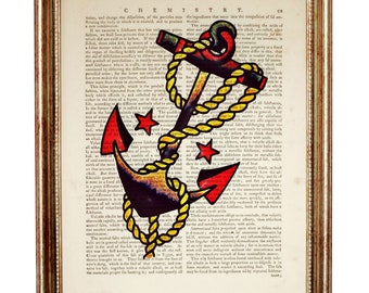 Sailor Jerry Anchor Tattoo Art Print, Vintage Dictionary Page Poster, Nautical Wall Decor, Traditional Tattoo Flash, Gift for Sailors