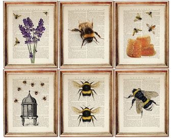 Set of 6 Prints, Bumble Bee Wall Hanging,  Bee Wall Decor, Bumblebee Art Print, Honey Bee Nursery Wall Art, Lavender Poster