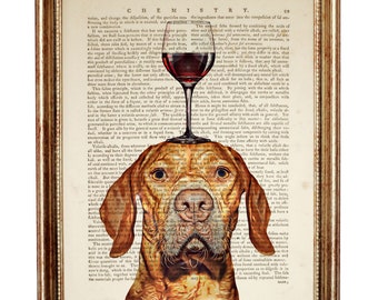 Dog With Glass Poster, Hungarian Vizsla Portrait Dictionary Art Print, Funny Dog Artwork, Bar Wall Art
