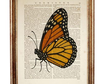 Vintage Monarch Butterfly Print on Antique Book Page