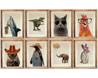 Set di 8 stampe artistiche di dizionari di animali stravaganti, pagina di libro vintage