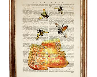 Honeycomb with Bees Wall Art, Beekeeping Dictionary Art Print, Bee Keeper Gift, Honey Poster, Bumble Bee Artwork