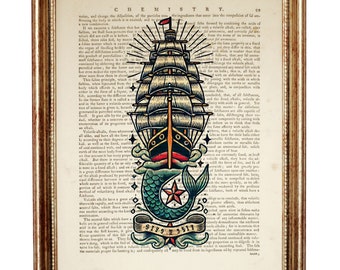 Sailor Jerry Ship Print Dictionary Book Page, Nautical Wall Art, Maritime Decor, Ship Home Wall Decor, Tattoo Flash Artwork
