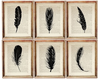 Set of 6 Feather Print, Vintage Dictionary Page Wall Art