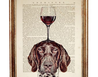 Poster murale con cane con bicchiere di vino, stampe di animali divertenti, stampa per amanti del vino, poster di cane da caccia tedesco a pelo corto GSP