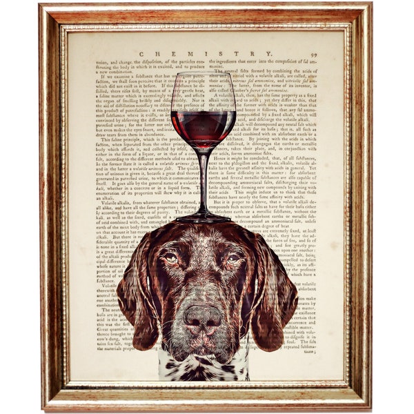 Art mural chien avec verre à vin, impressions d'animaux drôles, portrait d'animal de compagnie, impression d'amateur de vin, affiche de pointeur allemand à poil court GSP