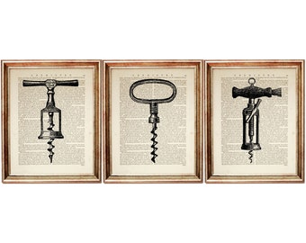 Set of 3 Corkscrew Dictionary Art Prints, Vintage Wine Bottle Opener Poster, Corkscrew Wall Hanging Decor