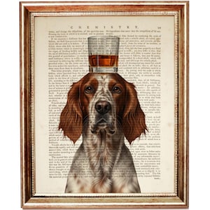 Può includere: Stampa incorniciata con un cane con pelo marrone e bianco, un bicchiere di liquido ambrato in equilibrio sulla sua testa. Lo sfondo è una pagina di libro vintage con la parola "CHEMISTRY" in alto. La cornice è di un caldo colore dorato.