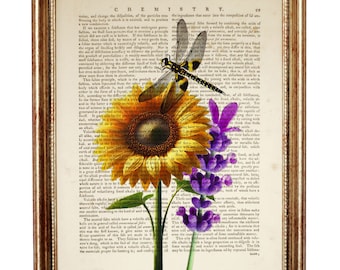 Impresión botánica de girasol y lavanda, arte de diccionario de libélulas, decoración de pared natural, arte de pared floral vintage, regalo botánico para ella