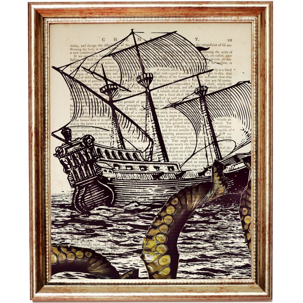 Set of 3 Prints Kraken Dictionary Art Print Nautical Wall Etsy