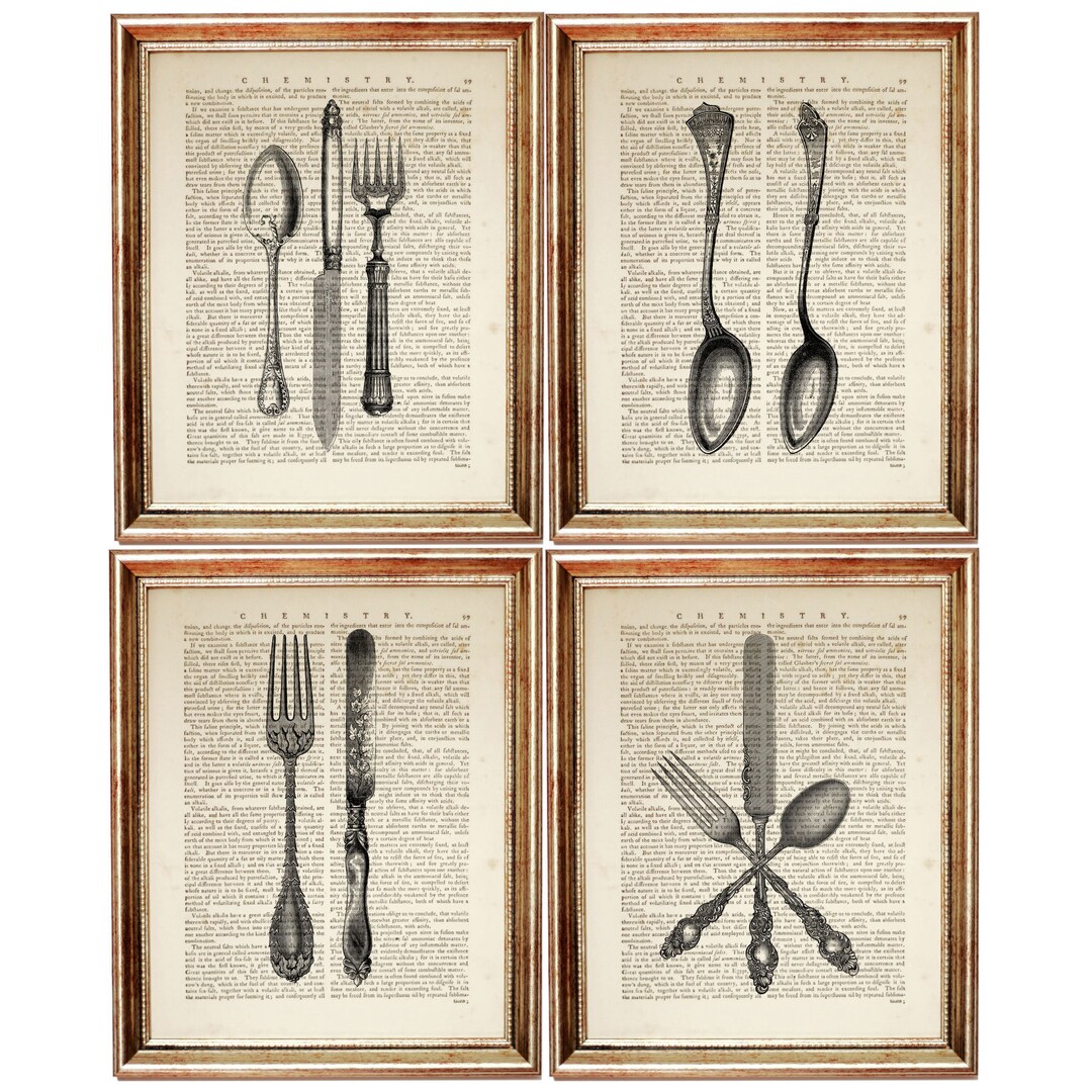 Set of 4 Cutlery Art Prints, Fork and Spoon Wall Decor, Unique Cutlery