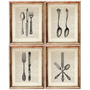 Set of 4 Prints, Cutlery Wall Art, Fork and Spoon Wall Decor, Unique Cutlery Dictionary Art Print, Knife Wall Art, Cutlery Artwork