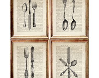 Set of 4 Prints, Cutlery Wall Art, Fork and Spoon Wall Decor, Cutlery Dictionary Art Print, Knife Wall Art, Cutlery Artwork