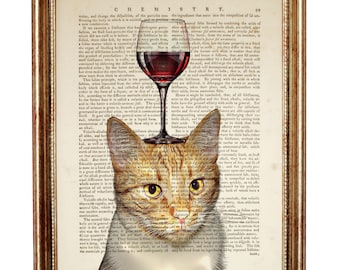 Cat with Wine Glass Vintage Dictionary Art Print