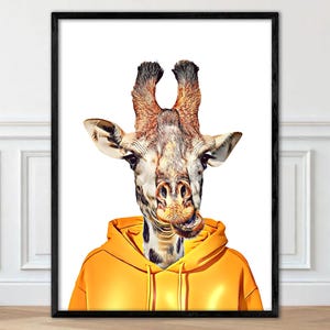Arte de pared con capucha y jirafa, arte pop con jirafa, decoración de pared para guardería con jirafa, arte de pared divertido con animales, retrato de animales de safari, decoración para habitación de niños