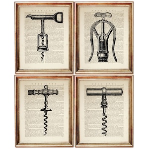 May include: Four vintage illustrations of different types of corkscrews, each framed in a brown wood frame. The illustrations are printed on a white background with black ink. The text surrounding the illustrations is in a serif font and is too small to read.