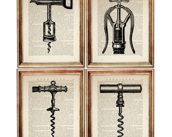 Set of 4 art Prints, Corkscrew Wall Art Set, Bottle Opener Poster Wine Bottle Opener Dictionary Art Print Wall Decor Artwork